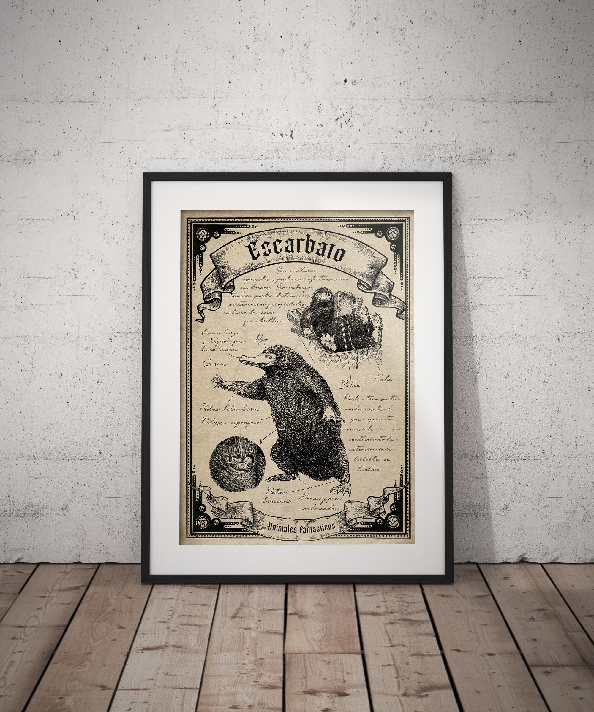 Whimsical creature art, treasure-seeking animal, fantasy nature illustration, magical beast decor, forest guardian art, mystical wall print.