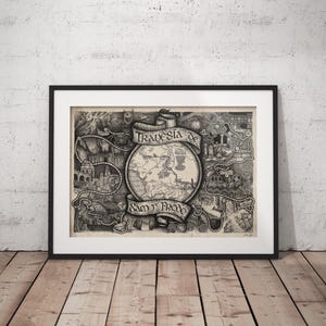 Fantasy-Reisekarte, epische Abenteuerillustration, mystisches Weltposter, heroische Questkunst, verzauberte Landschaft, mythischer Landwanddruck.
