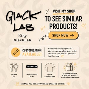 Op de afbeelding: Advertentie voor de Etsy shop Giack Lab, met een zwart script logo. De afbeelding benadrukt maatwerk, unisex pasvorm, hoogwaardige prints en zachte, comfortabele producten. Het nodigt uit om de shop te bezoeken.