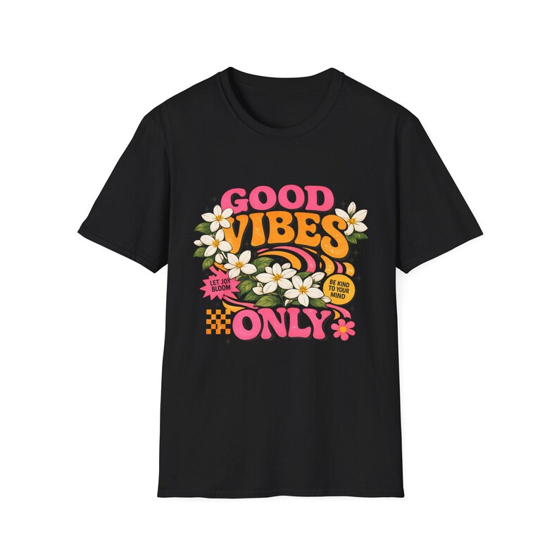 Good Vibes Only T-shirt, retro bloemenprint, shirt in jaren 70-stijl, vintage hippie bloemenprint, boho zomershirt afbeelding 7