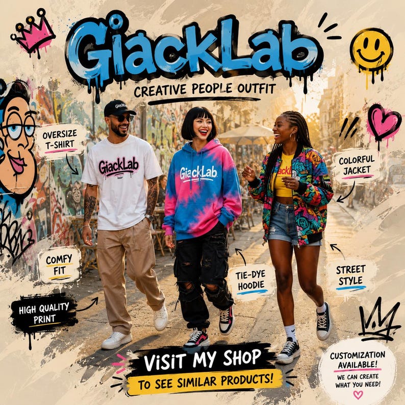 Op de afbeelding: Afbeelding met drie mensen die streetwear dragen. De tekst "GiackLab" en "Creative People Outfit" is zichtbaar. De modellen dragen een oversized t-shirt, een tie-dye hoodie en een kleurrijke jas. De tekst "Visit My Shop to See Similar Products!" is ook aanwezig.
