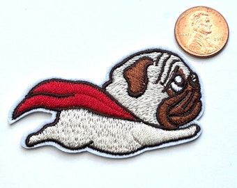 Flying Pug Patch - Superhero Dog Emblem - Cute Pug Appliqué - Embroidered Patch - NV14