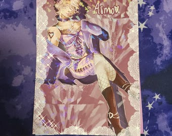 May include: A purple and white illustration of a character with blonde hair and a heart-shaped earring. The character is wearing a purple and white outfit with a corset and fishnet stockings. The background is pink with a white lace border. The text "Asmo" is written in white on the pink background.