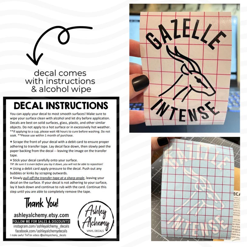 May include: A black and white vinyl decal with the text "Gazelle Intense" and a silhouette of a gazelle's head. The decal comes with instructions and an alcohol wipe for application.