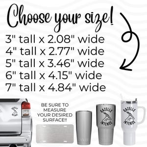 May include: A white car with a black and white decal that says "Gazelle Intense".  The image also shows a white mug with a black and white decal that says "Gazelle Intense".  The image also shows a silver Yeti tumbler and a silver Yeti mug.  The text on the image says "Choose your size!" and lists different sizes in inches.  The text also says "Be sure to measure your desired surface!!"
