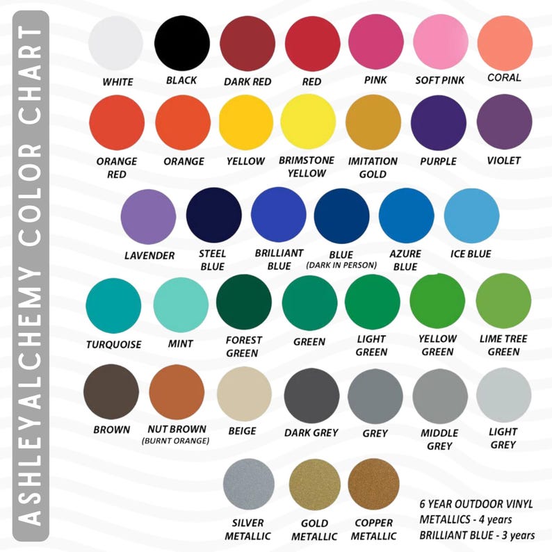 May include: Color chart with a variety of colors, including white, black, red, orange, yellow, green, blue, purple, brown, grey, and silver. The chart also includes the names of the colors and the type of vinyl used for each color.