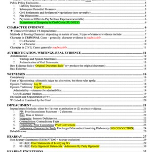 May include: A detailed outline titled "EVIDENCE OUTLINE" with headings and subheadings. The text is black on a white background, covering topics like relevance, character evidence, authentication, and hearsay exceptions. The document appears to be a study guide or reference.