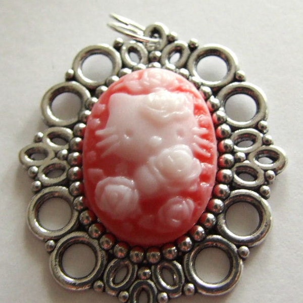 75 percent off sale  Red and White Happy Kitty Cameo  and Antique Silver tone necklace and chain