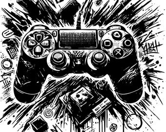 Puede incluir: Ilustración en blanco y negro de un mando de videojuego con estética grunge. El mando está rodeado de formas y símbolos abstractos.
