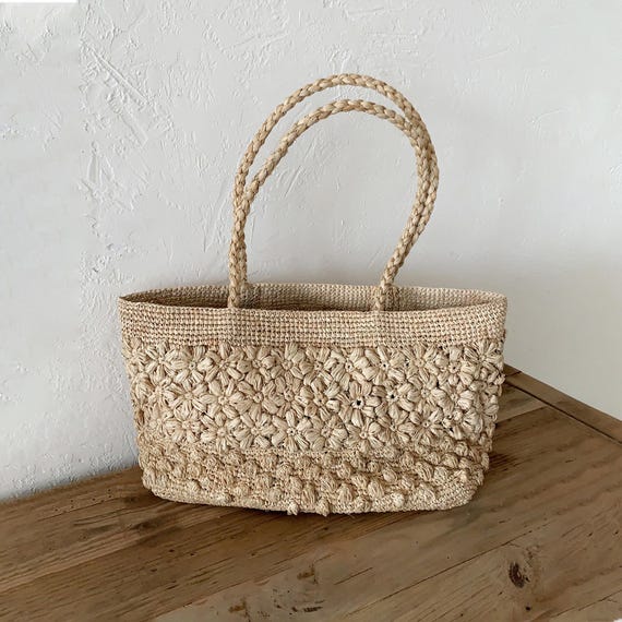 Handwoven Raffia Bag, Flowers Raffia Shoulder Bag, Raffia Beach Bag, Women's Vacation Tote Bag