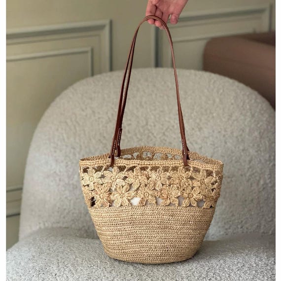 Flowers Raffia Bag, Woven Raffia Shoulder Bag, Raffia Beach Bag, Women's Vacation Small Tote Bag