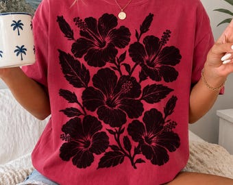 Hibiscus Flower Graphic Tee, Tropical Floral Shirt, Botanical Nature Tee, Cottagecore Clothing, Garden Lover Gift, Comfort Colors
