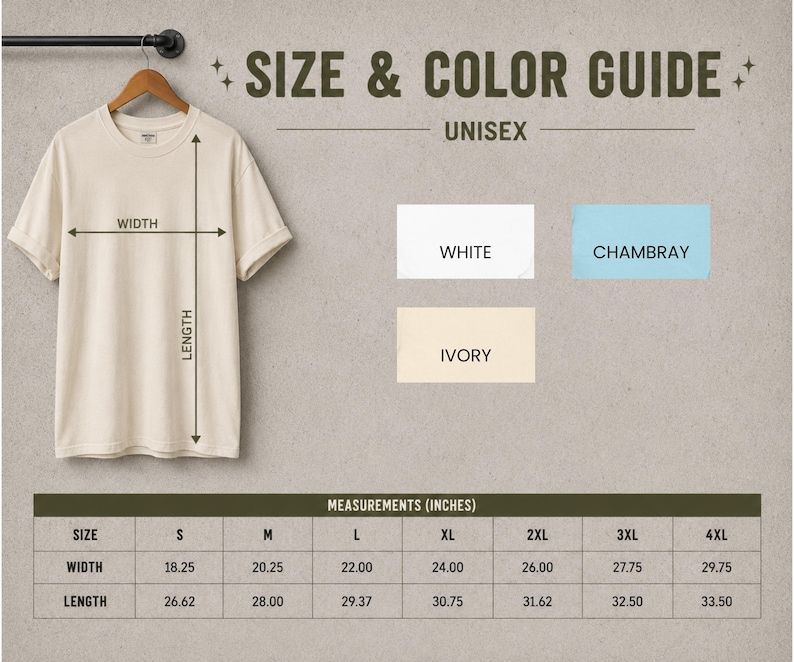 Puede incluir: Una camiseta de color crema cuelga de una percha de madera, con medidas de ancho y largo. La imagen incluye una gu&iacute;a de tallas y colores, con muestras de color blanco, chambray y marfil. Las medidas est&aacute;n en pulgadas, desde la talla S hasta la 4XL.