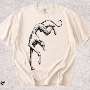 Pode incluir: Uma t-shirt de manga curta na cor marfim com uma ilustração a tinta preta de um galgo em pose de salto. O gráfico está centrado no peito e a t-shirt tem gola redonda. A palavra IVORY está impressa no canto inferior esquerdo.