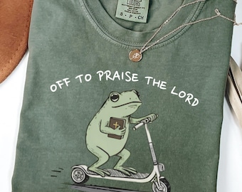 Camiseta cristiana de rana Comfort Colors®, linda camiseta de la iglesia de Jesús, divertida rana que sale a alabar al Señor, camiseta de estudio bíblico, humor de fe de la iglesia de Jesús