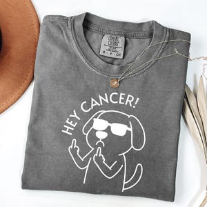 May include: A gray Comfort Colors t-shirt with the text "HEY CANCER!" and a cartoon dog wearing sunglasses and giving the middle finger. A gold necklace and a brown hat are also visible.