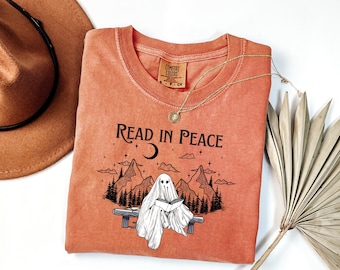 Comfort Colors® Halloween Shirt, Read In Peace Ghost Reading Book in Cemetery Shirt, Boho Bookish Shirt, Book Lover