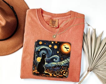 Camiseta de gato negro de Halloween Comfort Colors®, camiseta de gato Van Gogh, camiseta de gato con lirios de Van Gogh, camiseta de gato de noche aterradora, idea de regalo divertida BC006