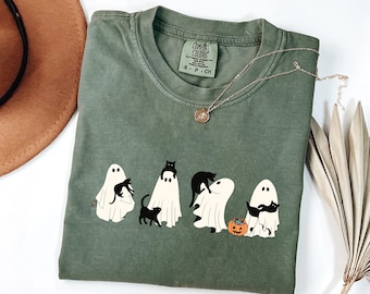 Comfort Colors® Halloween svart katt och spöke-tröja, Halloween spöke-tröja, läskig säsongskatt-tröja, söt Halloween-tröja för kvinnor, Halloween-present