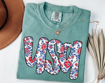 Comfort Colors® Floral USA Shirt, American Girl Shirt, USA Est 1776 Shirt, Girly 4th of July Shirt, Patriotic Women Shirt, Flower USA Shirt