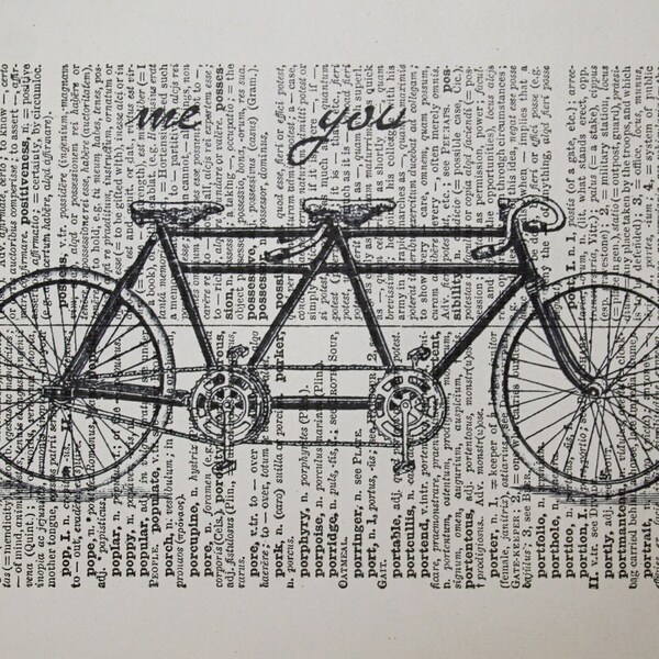 Tandem Bike Print on Vintage Latin Dictionary Page - 5 x7 Me and You Tandem Bicycle Print - Bike Art for Valentines Day Gift