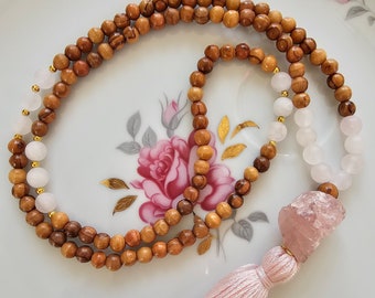 Rose Quartz & Olive Wood Mala Necklace