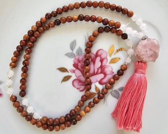 Rose quartz & Wooden Bead Mala Necklace