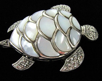 Vintage Articulated Turtle Brooch/Pendant - Sterling Silver, Marcasite & Mother of Pearl