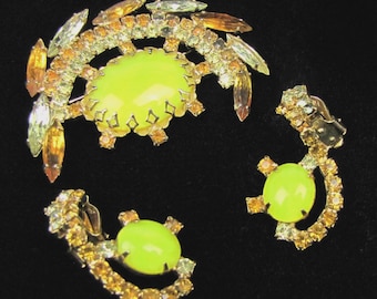 Vintage Brosche und Ohrclips Set, gelbe Cabochons, Straß