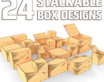 Diseños de cajas apilables cortadas con láser: 24 organizadores de almacenamiento modulares (archivos digitales)