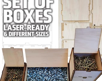Laser Cut Organizer Box Set SVG, DXF – 6 Sizes Stackable Workshop Tool Storage Boxes – Glowforge Laser Cut Files for 3mm 1/8 inch Plywood