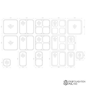 Pu&ograve; includere: Disegno al tratto di vari contenitori rettangolari e quadrati con dimensioni in millimetri. I contenitori sono etichettati con misure e includono coperchi e scatole di diverse dimensioni e configurazioni. Il logo Fabfoundation Poland si trova in basso a destra.