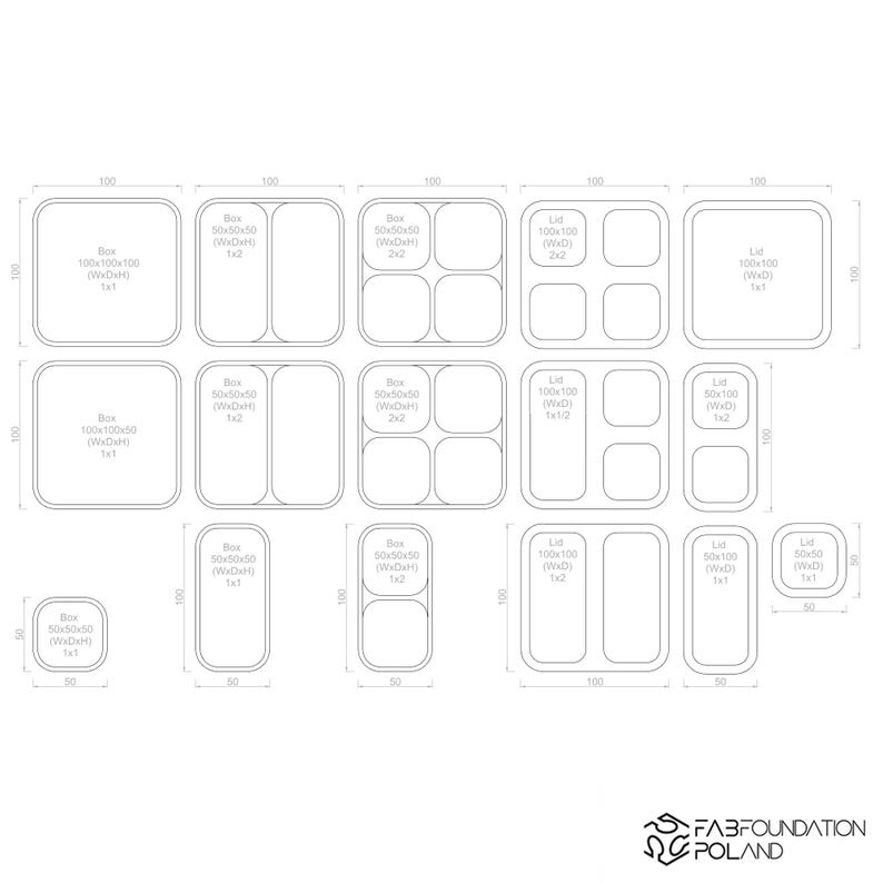 Pu&ograve; includere: Disegno al tratto di vari contenitori rettangolari e quadrati con dimensioni in millimetri. I contenitori sono etichettati con misure e includono coperchi e scatole di diverse dimensioni e configurazioni. Il logo Fabfoundation Poland si trova in basso a destra.