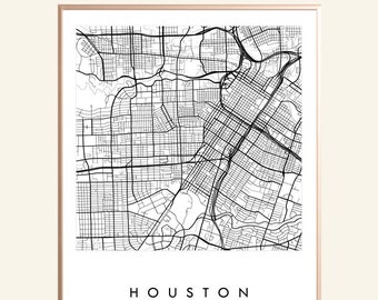 HOUSTON Map Street Map TEXAS City Map Drawing Black and White (Art Print) Wedding Anniversary Gift Wall Decor