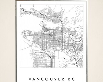 VANCOUVER British Columbia Map Hand Drawn Street Map BC Canada Map Drawing Black and White (Art Print) Wedding Anniversary Graduation Travel