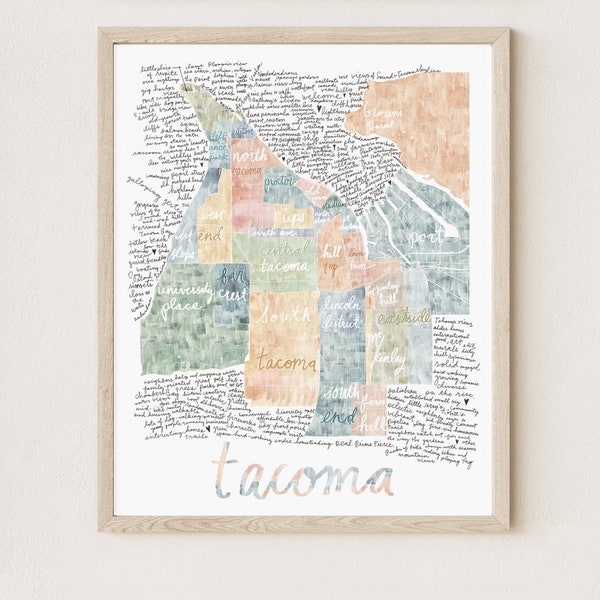 TACOMA Neighborhoods (Art Print) Watercolor Handwritten Cursive Text Descriptive Words City Map Housewarming Realtor Gift Wedding