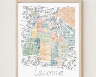 TACOMA Neighborhoods (Art Print) Watercolor Handwritten Cursive Text Descriptive Words City Map Housewarming Realtor Gift Wedding