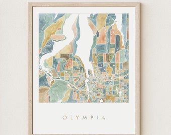 ColorFULL OLYMPIA Map Watercolor Print WASHINGTON City Block Plan (Art Print) Realtor Wedding Gift Pacific Northwest Puget Sound Decor