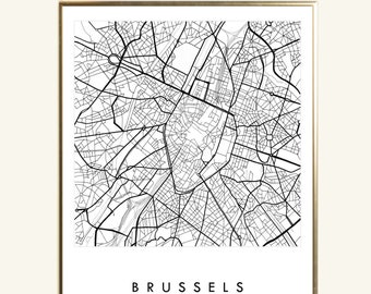 BRUSSELS Map Hand Drawn Street Map BELGIUM City Map Drawing Black and White (Art Print) Wedding Anniversary Gift Travel Art Wall Decor