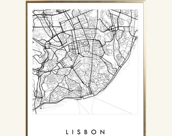 LISBON Map Hand Drawn Street Map PORTUGAL City Map Drawing Black and White (Art Print) Wedding Anniversary Gift European Travel Decor