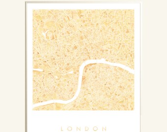 LONDON Map Hand Painted Watercolor Map Print UK City Block Plan (Art Print) Wedding Graduation Travel Gift England Yellow Ochre Grey