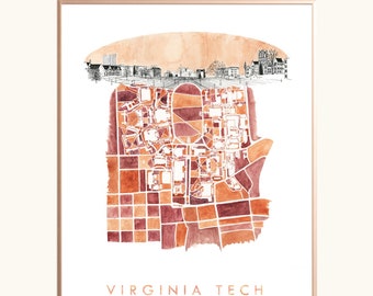 VIRGINIA TECH Hand Painted Campus Watercolor Map (Art Print) BLACKSBURG Town and Gown University Plan Graduation Gift Collegiate Hokie Decor