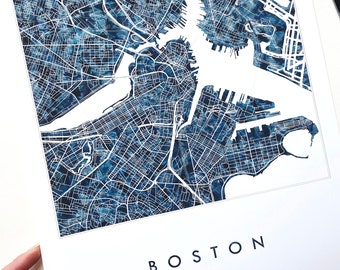 Carte du Grand BOSTON Tissu urbain Aquarelle Texture MASSACHUSETTS Plan de la ville (impression d'art) Remise des diplômes Mariage Anniversaire Agent immobilier vagues