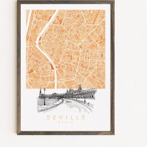 Carte aquarelle de Séville et impression de croquis architecturaux ESPAGNE plan d'îlot (impression d'art) voyage européen cadeau de mariage décor méditerranéen