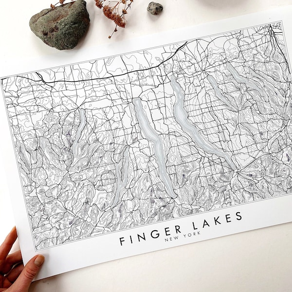 FINGER LAKES Hand Drawn Map New York Topographic Drawing Black and White (Art Print) Wedding Anniversary Gift Cayuga Skaneateles Canandaigua