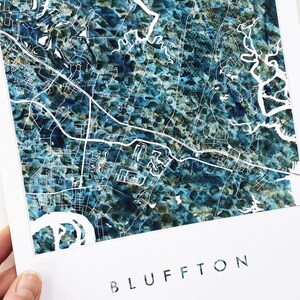 Carte de BLUFFTON, tissu urbain, texture aquarelle, peinture Plan de la ville de Caroline du Sud (impression d'art) Remise des diplômes, mariage, anniversaire, voyage, cadeau, rivière