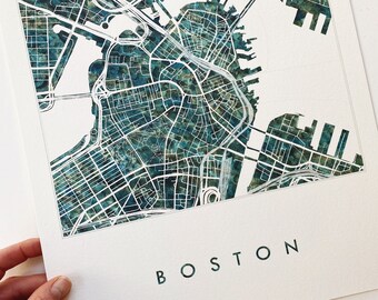 BOSTON Map Urban Fabric Watercolor Texture Painting MASSACHUSETTS City Plan (Art Print) Graduation Wedding Anniversary Realtor Travel River