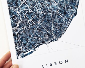 LISBOA Mapa Tejido Urbano Acuarela Textura Pintura Portugal Plan de la Ciudad (Impresión de Arte) Graduación Boda Mediterráneo Europeo Viajes olas
