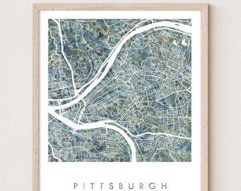 PITTSBURGH Map Urban Fabric Watercolor Texture Painting PENNSYLVANIA City Plan (Art Print) Graduation Wedding Anniversary Realtor Gift River