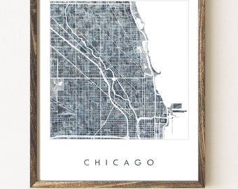 CHICAGO Map Urban Fabric Watercolor Texture Painting Illinois City Plan (Art Print) Graduation Wedding Anniversary Realtor waves